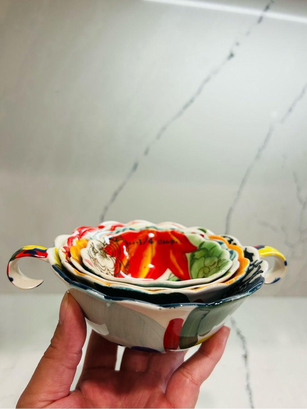 Anthropology Multi Color Floral Ceramic Measuring Cup Set
